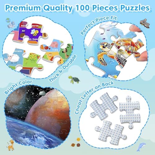 4 Packs 100 Piece Puzzles for Kids Ages 4-6 6-8 8-10, Educational Kids Jigsaw Puzzle Set, Ocean Space US Map World Animals Learning Puzzle Toy Gift for Boys Girls Teens Adults Kids Puzzles 4-6 5-8 - Image 4