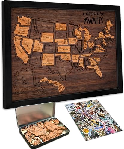 flinelife USA Landmarks Travel Map, 13x11, Wooden USA Map Puzzle, Perfect For Couples and Families Gift by flinelife