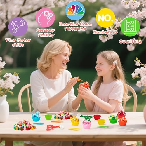 EZdhuawuse Summer Insects Sensory Bin Fillers - 321P Summer Bee Fine Motor Toys Counting Sorting for Easter Gift, Counting Toy with Felt Butterfly Pom Pom Cup Clip for Preschool Education Activities - Image 5