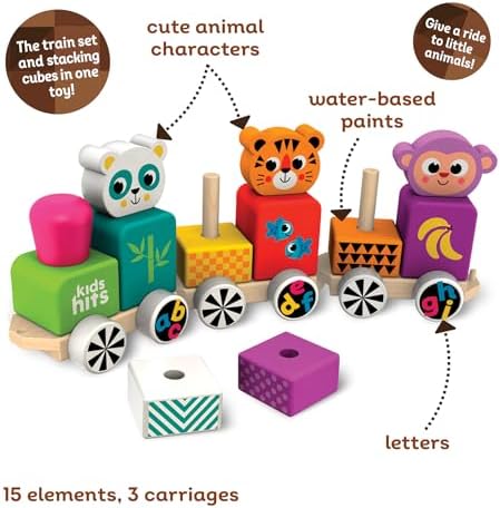 Kids Hits Wooden Train – Happy Friends 15-Piece ABC Animal Stacking Train Toy with Pull-Along Function for Toddlers 1+, Montessori Alphabet & Logic Toy - Image 4