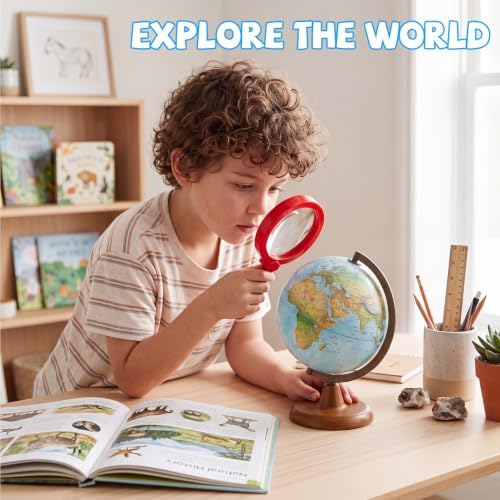 Lewtemi Kids Science Learning Toys Kids Magnifying Glass with Stand Grasp Jumbo Magnifiers 3X Magnification Exploration Preschool Learning Toys for Reading Book Map Insect (Red) - Image 4