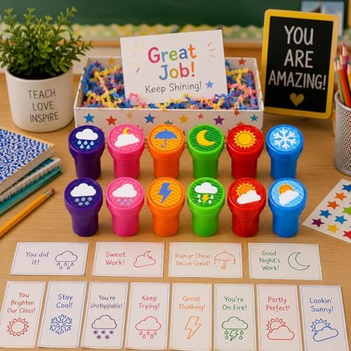 Cinrobiye 24 Pcs Weather Stampers Party Favor Set, Cute Weather Symbols Stamps for Kids Birthday Party, Classroom Rewards, Educational Learning Toys, Goody Bag Fillers - Image 6