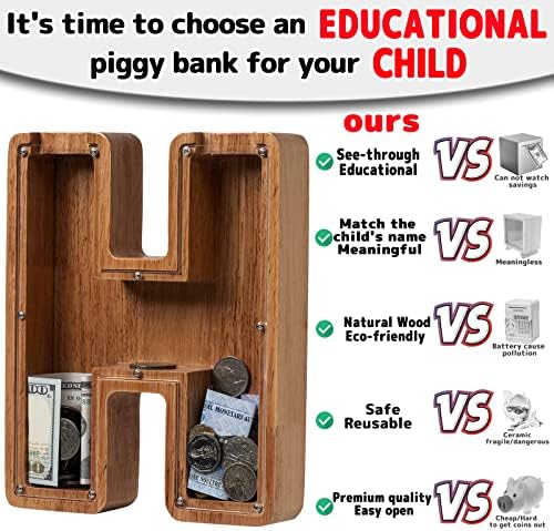 Piggy Bank for Kids Boys Girls, Wooden Large Letter Piggy Bank Alphabet Money Bank with Initial H, Coin Bank Fun Gifts for Birthday, Christmas, Festival, Baby Shower - Image 4