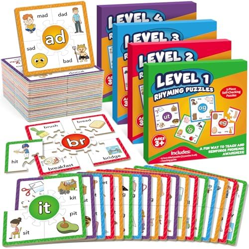 Torlam Phonics Puzzle Cards Level 1-4, Learn to Read Rhyming Games Phonics Flash Cards Spelling CVC Words, Digraphs Blends, Long Vowel, Silent E, Trigraphs Sight Words for Toddlers Kids Kindergarten by Torlam