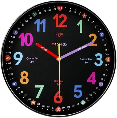 Learning Wall Clock, 12 Inch Classroom Clock, Battery Operated Silent Analog Wall Clocks for Bedroom Classroom Decor, Homeschool Supplies Telling Time Teaching Clocks for Kids, Black by MABPEDO