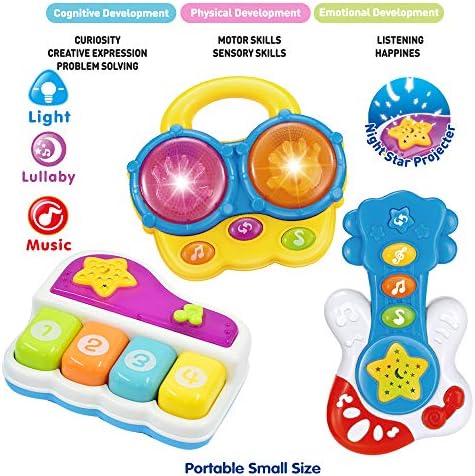 WEofferwhatYOUwant Montessori Toys Baby Musical Instrument Set, Piano, Bongo Drums & Guitar, Light-Up Projector Toy for Babies 6+ Months, Educational Music Toys, Auto Off, Batteries Included - Image 5