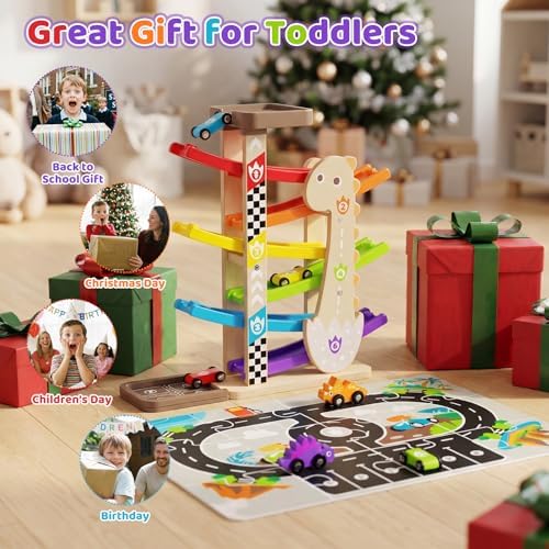 6-Level Wooden Car Ramp Toy with Road Puzzle and 6 Cars, Ages 18M+ - Image 5