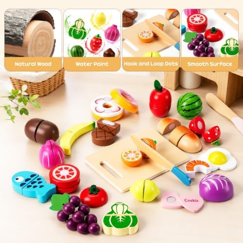 WHOHOLL 43 Pcs Wooden Play Food for Kids Play Kitchen Accessories Playset with Bucket, Pretend Cutting Food Toys for 3 4 5 6 Year Old, Vegetables Fruits Toys Birthday Gifts for Boys Girls - Image 3