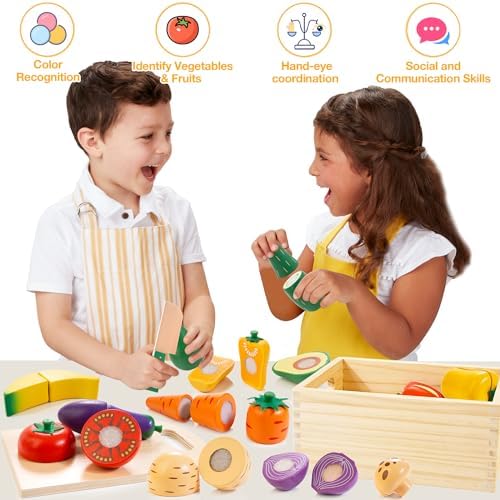 Wooden Play Food Set for Kids Kitchen, Cutting Veggies & Fruits Toy Set - Image 5
