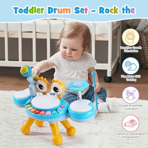 Resosese Toddler Drum Set for 1-3 Year Old, Baby Drum Set for Kids 1 2 3, Montessori Learning Toys with Light-Up Microphone, Birthday Gift for Baby Boys Girls 6 9 12 18 Months - Image 3