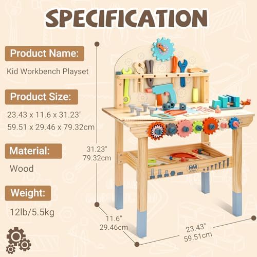 Tool Bench for Kids Toy Play Workbench Wooden Tool Bench Workshop Workbench with Tools Set Wooden Construction Bench Toy for 3 4 5 Year Old Boys and Girls - Image 4