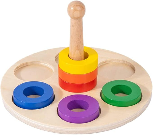 Adena Montessori Wooden 6 Rings on Peg Stacking and Sorting Ring, Wooden Rainbow Stacking Rings Baby Toy, Stacker Toys for Infants and Toddlers, Wood Educational Developmental Toy Multicolor