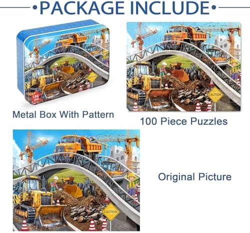 LELEMON Puzzles for Kids Ages 4-6,Construction Site 100 Piece Puzzles for Kids Ages 4-8 in a Metal Box,Educational Jigsaw Puzzles 100 Piece Puzzle Games Puzzle Toys for Girls and Boys - Image 6