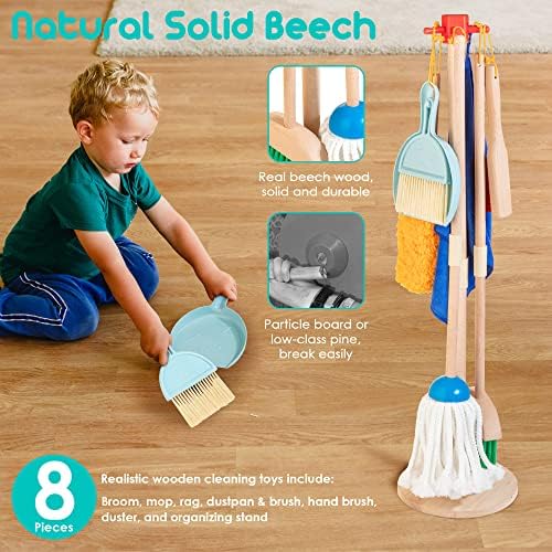 Kids Cleaning Set, 8 Pcs Wooden Housekeeping Play Toy Broom Mop Set - Image 2
