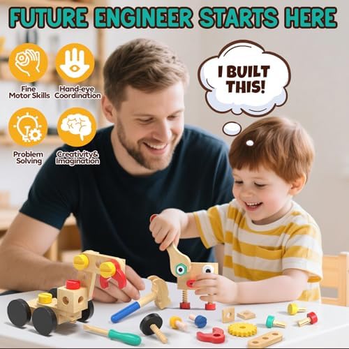 Lehoo Castle Kids Tool Set, Wooden Montessori Robot Tool Bench for Boys 3+ - Image 5