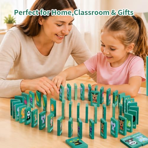 Wooden Dominoes Memory Matching Game for Toddlers 3-6, 57 Pcs Fruit Animal - Image 3