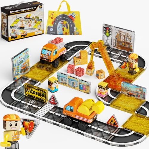 burgkidz Magnetic Tiles Construction Set – Engineering Blocks with Crane, 2 Detachable Vehicles (Build on Chassis), Ramp & Slide, Play Mat & Bag – STEM Toy for Ages 3-8 (47PCS, Premium ABS) by burgkidz