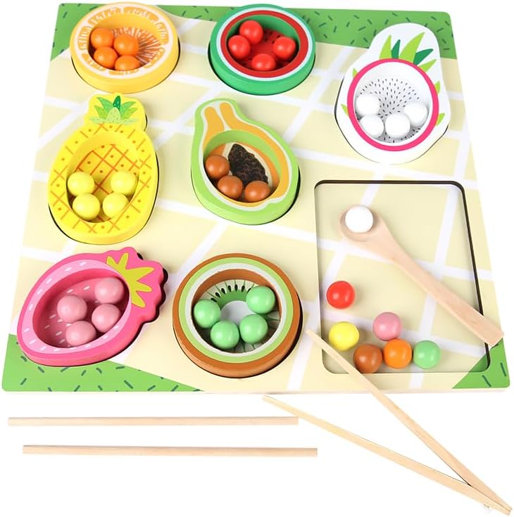 Practical Life/Sensorial/Math Fruit-Themed Sorting Stacking Beads Tong/Chopsticks/Spong, Pincer Grasp Motor Skills Toy PegBoard Beads Game Color/Shape Matching 3-6 Years Gift by EduLandMontessori