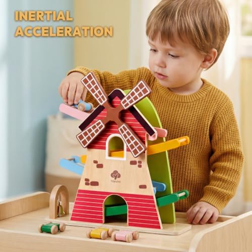 Wooden Car Ramp Toy with Windmill - Montessori Toys for 18+ Months, 4 Level Sliding Track with 4 Mini Cars & Bell, Toddler Educational Toys for Boys Girls, Ideal Birthday/Easter/New Year Gift - Image 2