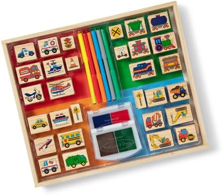 Melissa & Doug Deluxe Wooden Stamp and Coloring Set – Vehicles (30 Stamps, 6 Markers, 2 Durable 2-Color Stamp Pads) by Unknown