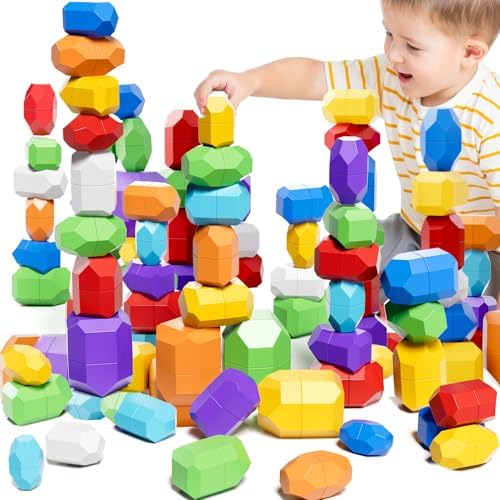 Lucky Doug 50PCS Large Rocks Stacking Toys for Toddlers 3-6, Safe Montessori Stacking Building Blocks Stones Toy for Preschool 3 4 5 6 Year Old Boys Girls, Sensory Birthday Gifts for Kids 3-6 by LuckyDoug