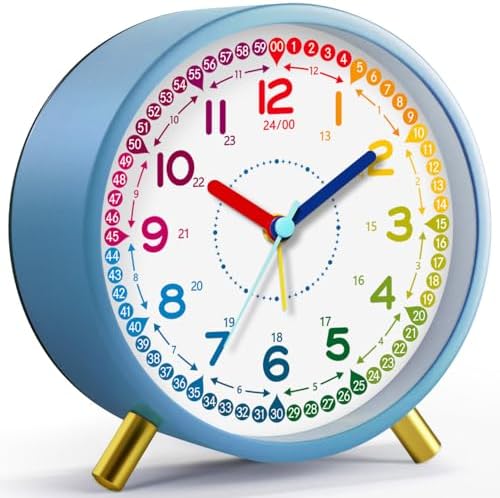 Kids Alarm Clock, Silent Non-Ticking, Analog Learning Clock for School Beginners, Stylish Round Metal Clock, Easy to Read, Battery Operated Student Back to School Gifts by GiftsforChildAdultandPet