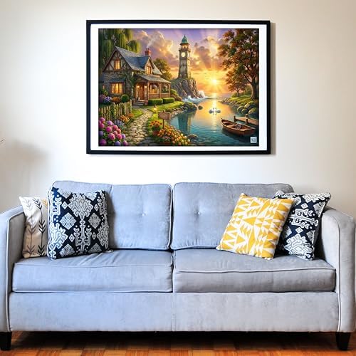 Think2Master Sunset Cove 500 Pieces Large Format Jigsaw Puzzle: 13+, Teens, Adults & Families. Vibrant Natural Landscape Painting with a Stone Cottage, Lighthouse, Golden Sunset. Size: 26.8” X 18.9” - Image 3