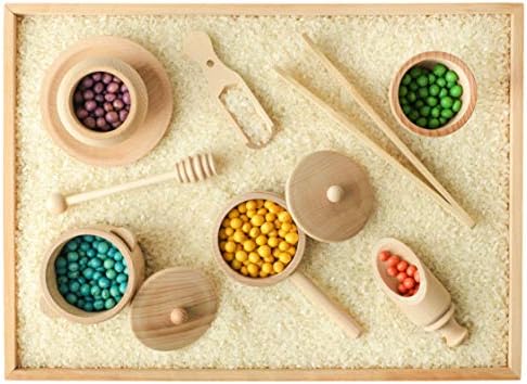 Blue Ginkgo Sensory Bin Tools – Montessori Fine Motor Skills Learning Set for Toddlers and Kids Pretend Play [9 PC] Kitchen Wooden Set with Scoops, Bamboo Tongs by BLUEGINKGO