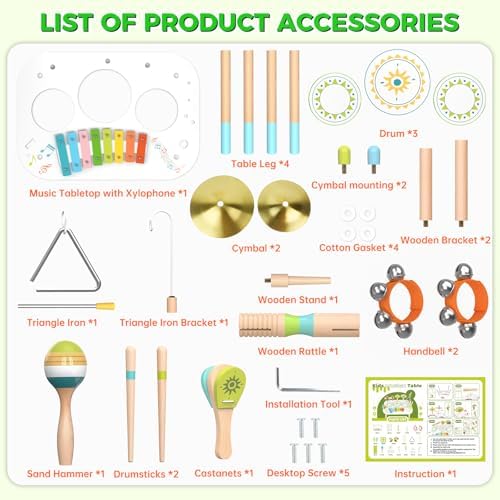 12-in-1 Drum Set for Toddlers 18+ Months, Wooden Baby Musical Instruments - Image 3