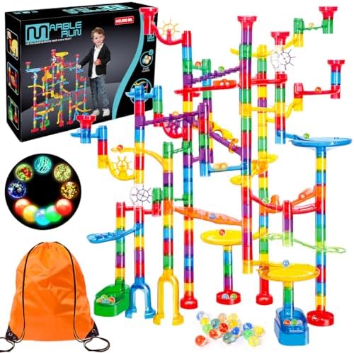 Meland Marble Run - 208Pcs Marble Maze Game Building Toy for Kids, Marble Track Race Set & STEM Learning Toy Gift for Boy Girl Age 4 5 6 7 8 9+(142 Pcs + 60 Glass + 5 Led Lighted Marbles) by Meland