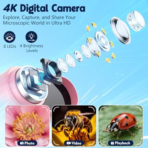 Odatay 4K 1000X Digital Microscope for Kids with Long Distance Viewing & 2.4" Screen, Portable Handheld Edu Toys for Kids Exploring Bugs Plants at Home Classroom & Outdoor Travel, Bright Pink - Image 3