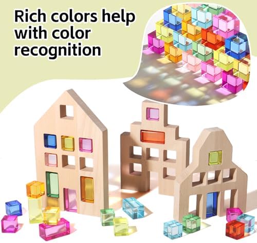 25 Pcs Rainbow Acrylic Building Blocks with 3 Beech Wood Houses, Dual Insert & Stack Sensory Toy, Light Refraction Gem Blocks, Montessori Creative Educational Gift for Toddler Boys Girls 1-5 Years Old - Image 5