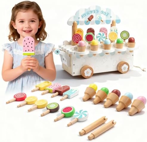 BROWNROOT Wooden Ice Cream Cart, Pull Along Pretend Play Toy for Kids by Brownroot