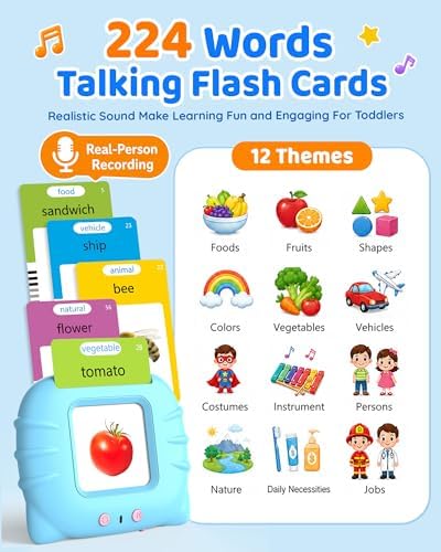 Aullsaty Talking Flash Cards for Toddlers Ages 1-3, 224 Words Montessori Speech Therapy Toys, Autism Sensory Toy, Educational Learning Speech Therapy Birthday Gifts for Boys Girls (Blue) - Image 3