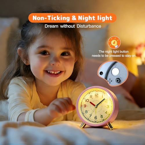 Kids Alarm Clock, Silent Non-Ticking, Analog Learning Clock for School Beginners, Stylish Round Metal Clock, Easy to Read, Battery Operated, Loud Ringing Back to School Gifts - Image 5