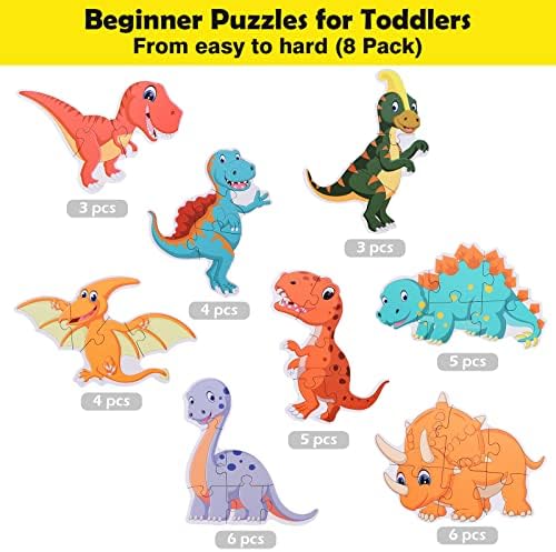BEESTECH Beginner Dinosaur Puzzles for 3, 4 Year Old Toddlers, 8 Pack Jigsaw Educational Learning Puzzles for Toddlers, 8 Different Dinosaurs with Dinosaur World Map - Image 3