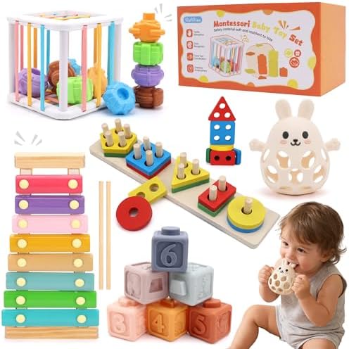 Baby Toys for 6-18 Months, 5-in-1 Montessori Educational Toy Set with Soft Teething Toy Stacking Blocks Rings Sensory Bin, Sorting Sensory Educational Learning Gift for Toddlers Aged 1-3 by Unknown