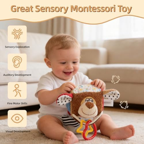 Baby Car Seat Toys Hanging-Carseat Dog Cube Toy, Infant Sensory Toys for 6 7 8 9 10 11 12 Months, Travel Activity with Rattle, Montessori Plush Newborn Girl Boy Gifts - Image 6