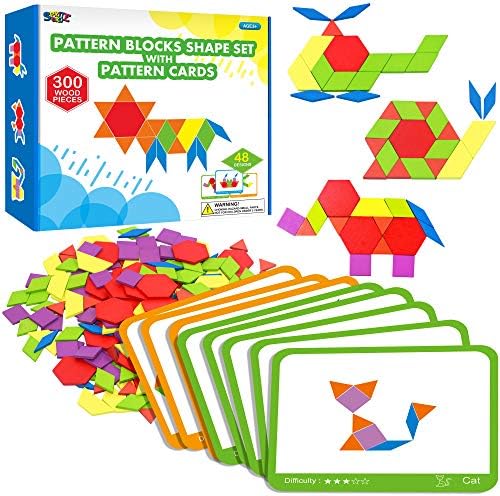 SpriteGru 300 PCS Wooden Pattern Blocks Set for Kids with 24 Double-Sided Design Cards(48 Patterns) and Storage Bag in Gift Box,Fun Montessori Learning Toys by SpriteGru