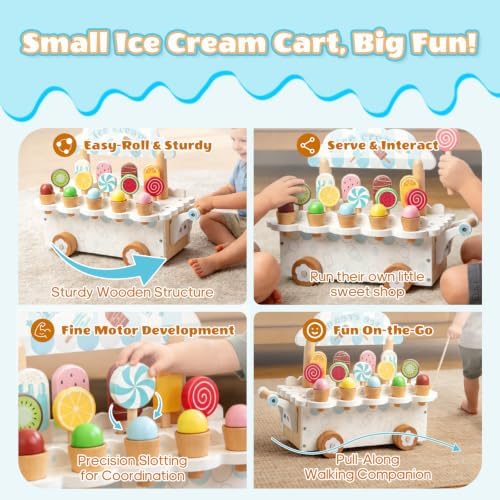BROWNROOT Wooden Ice Cream Cart, Pull Along Pretend Play Toy for Kids - Image 4
