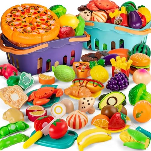 115 Pcs Cutting Play Food Toy for Kids with 2 Colors Storage Baskets by MOEAWS