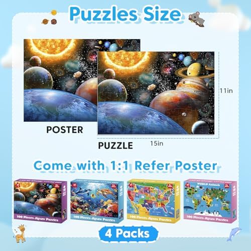 4 Packs 100 Piece Puzzles for Kids Ages 4-6 6-8 8-10, Educational Kids Jigsaw Puzzle Set, Ocean Space US Map World Animals Learning Puzzle Toy Gift for Boys Girls Teens Adults Kids Puzzles 4-6 5-8 - Image 3