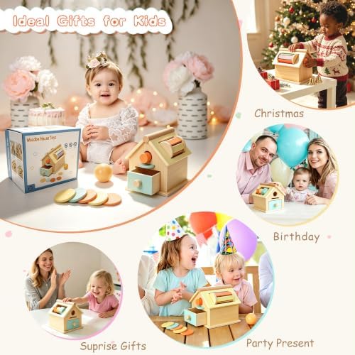 Montessori Toys for 1 Year Old, Toddler Learning Toys, Activity Cube for Toddlers 1-3, 5-in-1 Wooden Toy with Rattle, Shape Sorter, Ball Drop, Cylinder & Token Play, Gift for Boys & Girls - Image 7