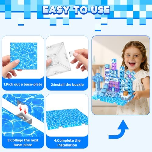 4PCS Magnetic Blocks Base Plates for Kids, 4" x 4" Strong Grip Base (Water) - Image 5