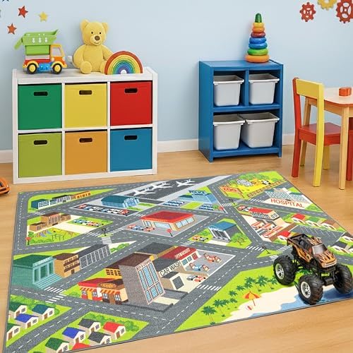 KC Cubs: Educational Rug: City Streets Road Map - 3x5' Playmat - Interactive Toy Car Route, Activity Area Carpet, Bedroom-Classroom, Baby-Toddler-Kids by KCCubsKidsHomeandFurnishing