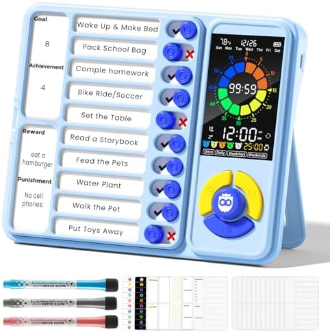 Mooking 5-in-1 Visual Timer, ADHD Tool for Kids|Adults, Visual Schedule for Kids with Autism, 12/24 Task Timer & Chore Chart Board, ADHD Tools with Daily Checklist for Home, School, Classroom - Blue by Home
