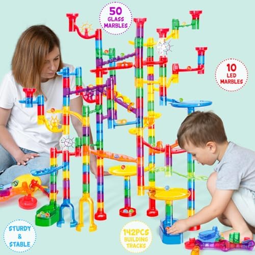 Meland Marble Run - 208Pcs Marble Maze Game Building Toy for Kids, Marble Track Race Set & STEM Learning Toy Gift for Boy Girl Age 4 5 6 7 8 9+(142 Pcs + 60 Glass + 5 Led Lighted Marbles) - Image 6