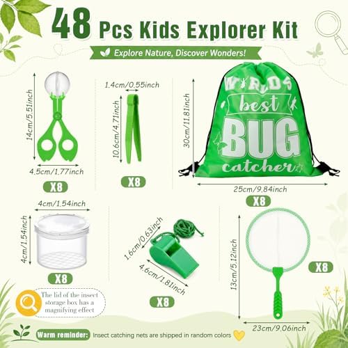 Silipull Bug Catching Kit for Kid Outdoor Explorer Kit Include Catching Scissor Tong Tweezer Clamp Bug Cage Whistle Insect Net Drawstring Bag for Boy Girl Educational Adventure Hunting(Green,48 Pcs) - Image 2