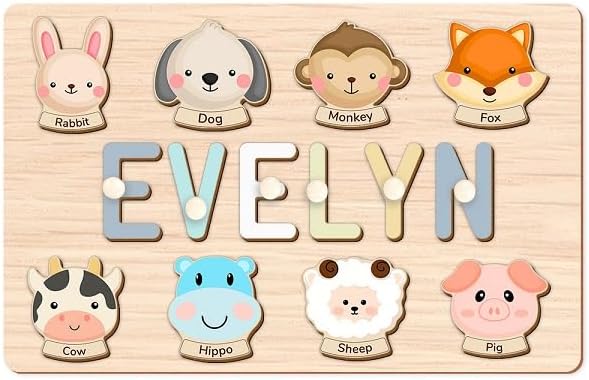 Personalized Name Puzzle for Kids, Custom Wooden Puzzle Engraved Text On Back with Pegs, Personalized Baby 1st Birthday Gifts for Girl & Boy, Toddlers Toys (Animal Name Puzzle)
