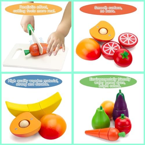 Wooden Play Food for Kids Kitchen, Fruit & Veggies Cutting Set for Toddlers - Image 6